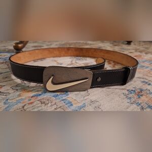 Nike Black Leather Belt with Silver Swoosh Buckle Size 36